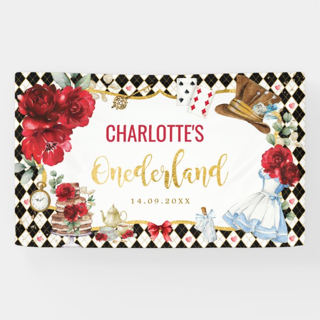 Banderoles Alice dans l'Onederland Anniversaire Noir Rouge Or (Horizontal)