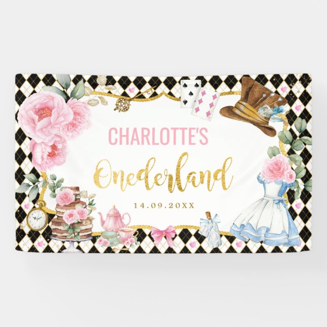 Banderoles Alice florale rose dans l'Onederland 1er anniversa (Horizontal)