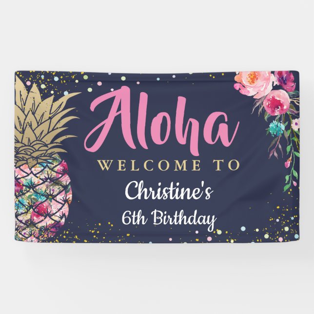 Banderoles Aloha Pink Gold Ananas Marine Blue Anniversaire (Horizontal)