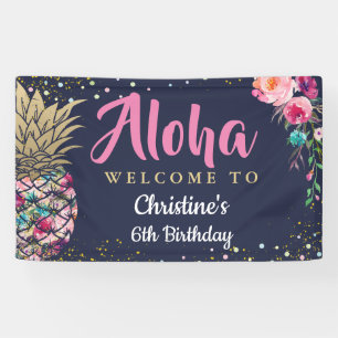Banderoles Aloha Pink Gold Pineappy Navy Blue Birthday Party