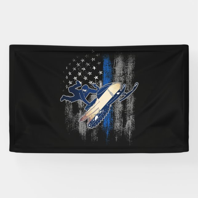 Banderoles American Flag Snowmobile Blue Line Snowmobile (Horizontal)