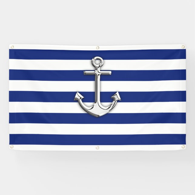 Banderoles Ancre Chrome sur la marine nautique Bleu Stripes I (Horizontal)