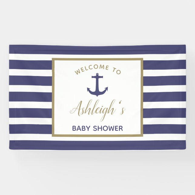 Banderoles Ancre nautique Marine Blue Stripes Baby shower gar (Horizontal)