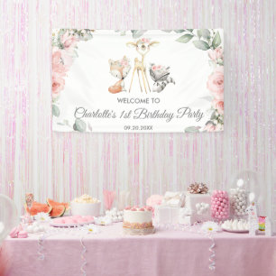 Banderoles Animaux boisés mignons Floral Anniversaire fond