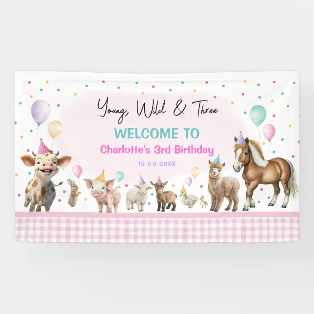 Banderoles Animaux de ferme pour filles | Young Wild & Three  (Horizontal)