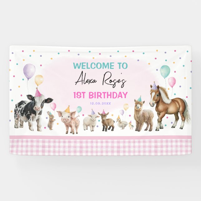 Banderoles Animaux de ferme roses Ballons Fille fête d'annive (Horizontal)