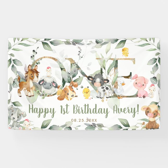 Banderoles Animaux de ferme Verdure UN 1er anniversaire Conte (Horizontal)