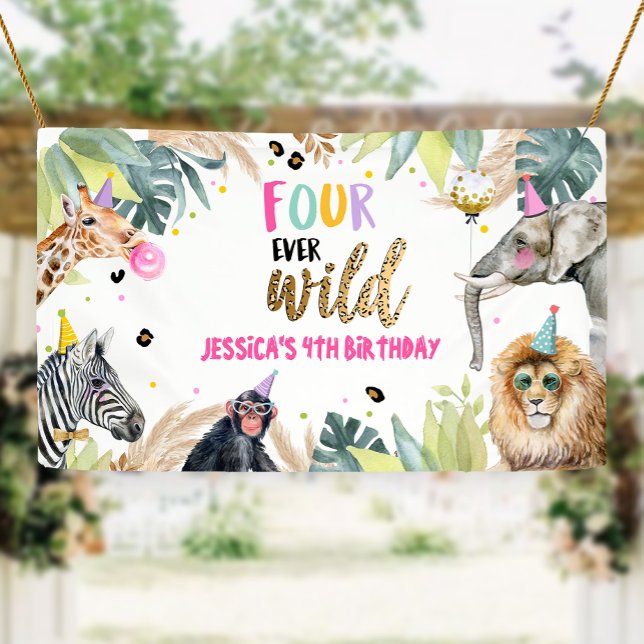 Banderoles Animaux de fête Safari Girl Quatrième anniversaire (Créateur téléchargé)