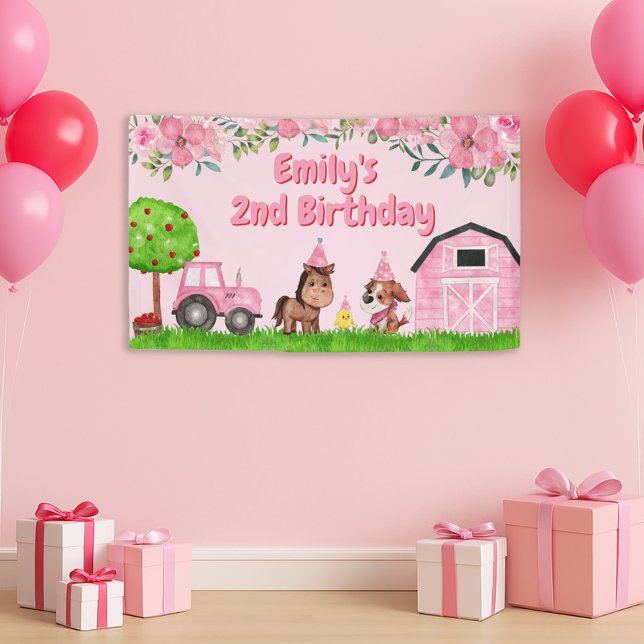 Banderoles Animaux de la ferme Tracteur Rose 2e Anniversaire (Cute pink barn and farm animals little girl's 2nd birthday party banner)