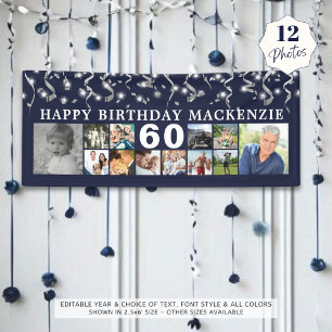 Banderoles Anniversaire 12 Photo Collage Blue Silver Confetti
