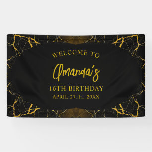 Banderoles Anniversaire 16 ans sucré Marbre Noir & Or frappan
