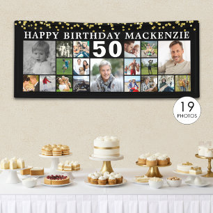 Banderoles Anniversaire 19 Photo Collage Black Gold Confetti