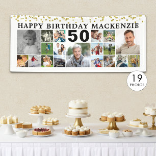 Banderoles Anniversaire 19 Photo Collage Gold Confetti Person
