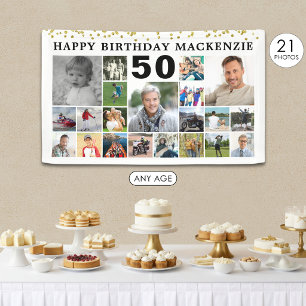 Banderoles Anniversaire 21 Photo Collage Gold Confetti Person
