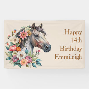 Banderoles Anniversaire Adolescente Cheval Fleurs Grises