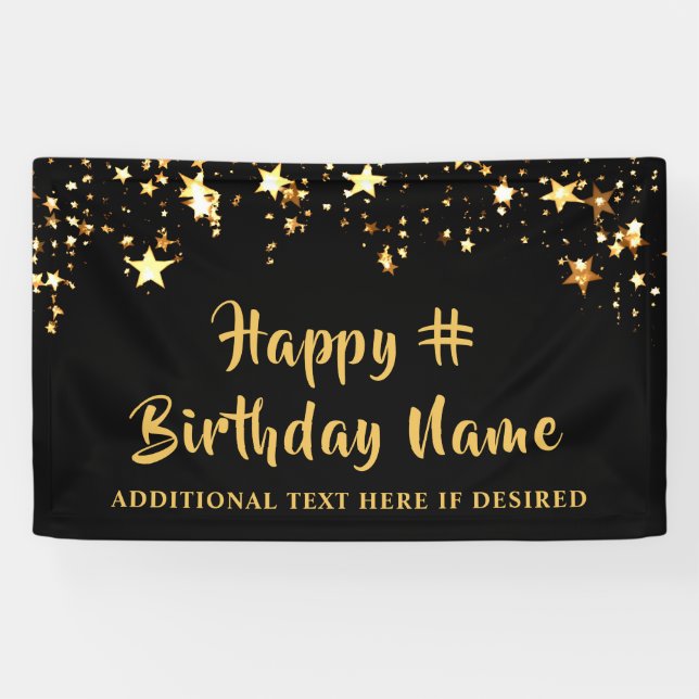 Banderoles Anniversaire Black Gold Stars Brush Script Personn (Horizontal)