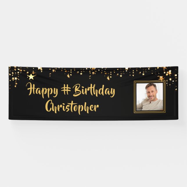Banderoles Anniversaire Black Gold Stars Photo Couleur person (Horizontal)