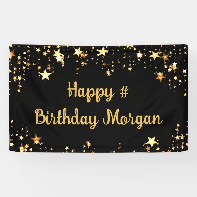 Banderoles Anniversaire Black Gold Stars Script Personnalisé (Horizontal)