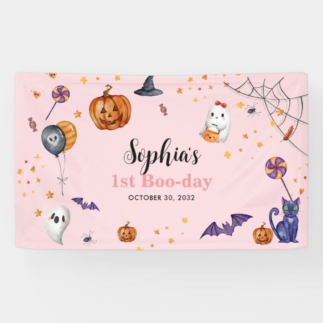 Banderoles Anniversaire de enfant d'Halloween Éffrayant rose  (Horizontal)