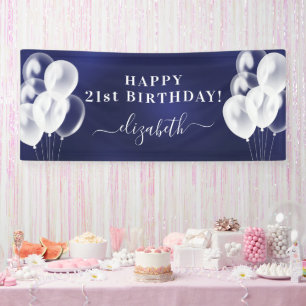 Banderoles Anniversaire marine bleu blanc ballons nom script