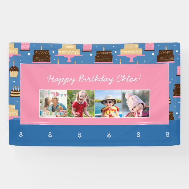 Banderoles Anniversaire Motif de gâteau Nom personnalisé + Ph (Horizontal)