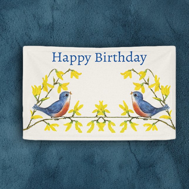 Banderoles Anniversaire Rouge Bleu Branches Fleurs Jaunes (Happy Birthday banner or backdrop decoration red blue birds on branch yellow flowers on white.)