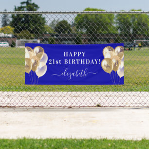 Banderoles Anniversaire royal bleu or ballons nom script