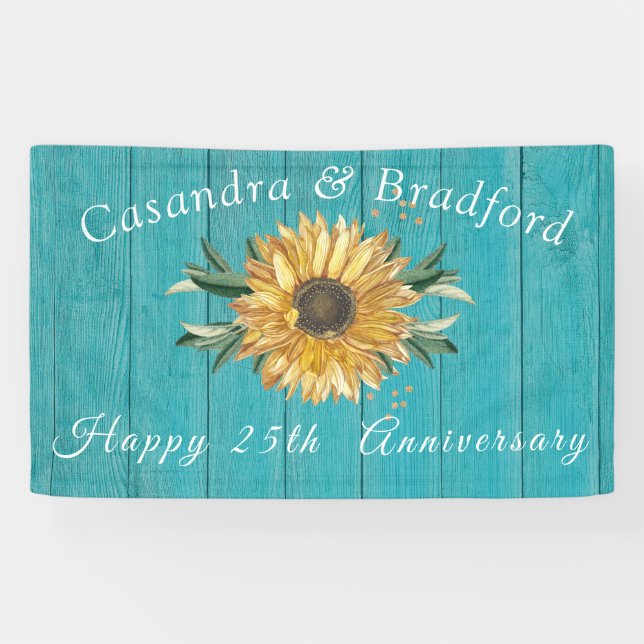Banderoles Anniversaire rustique| Tournesol Turquoise Bois Bl (Horizontal)