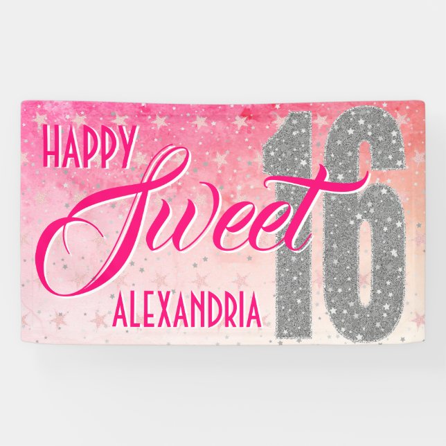 Banderoles Anniversaire seize ans | Parties scintillant rose  (Horizontal)