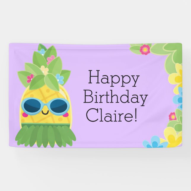Banderoles Anniversaire Tropical Personnalisé Girly Pineappy  (Horizontal)