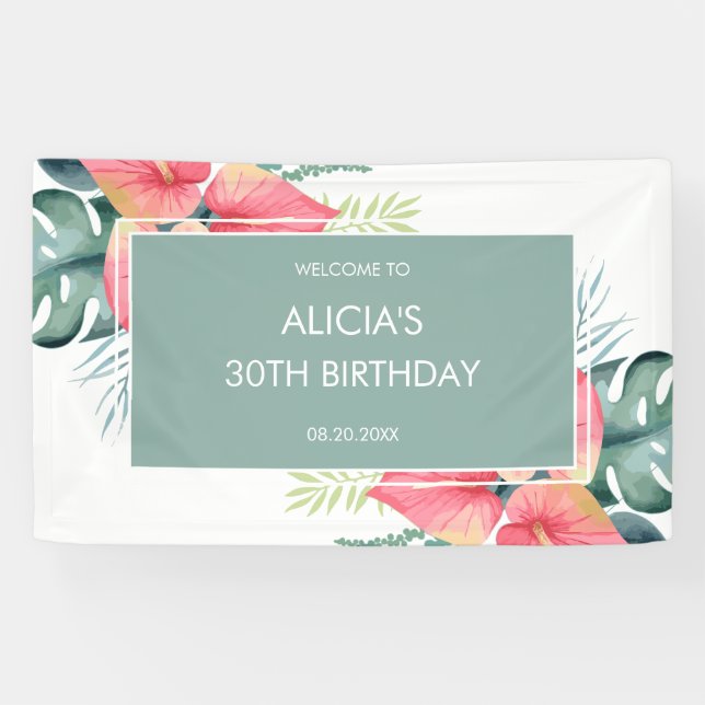 Banderoles Anthurium Tropical Chic & Monstera Anniversaire (Horizontal)