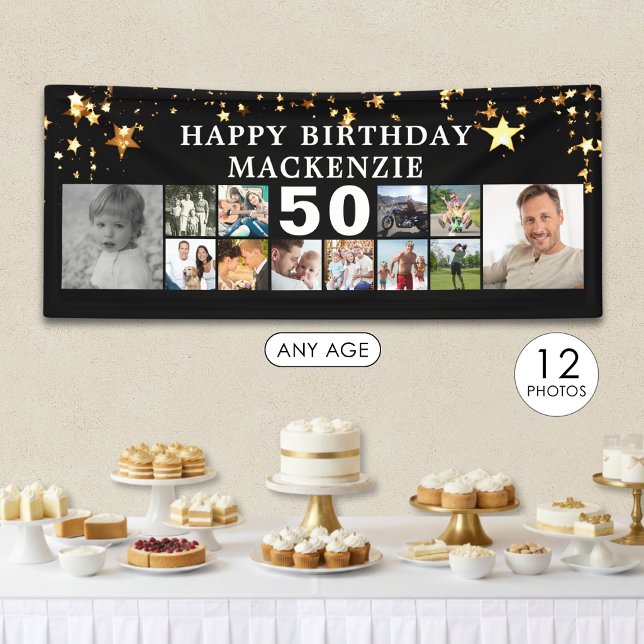 Banderoles Any Birthday 12 Photo Collage Gold Stars Black (Créateur téléchargé)