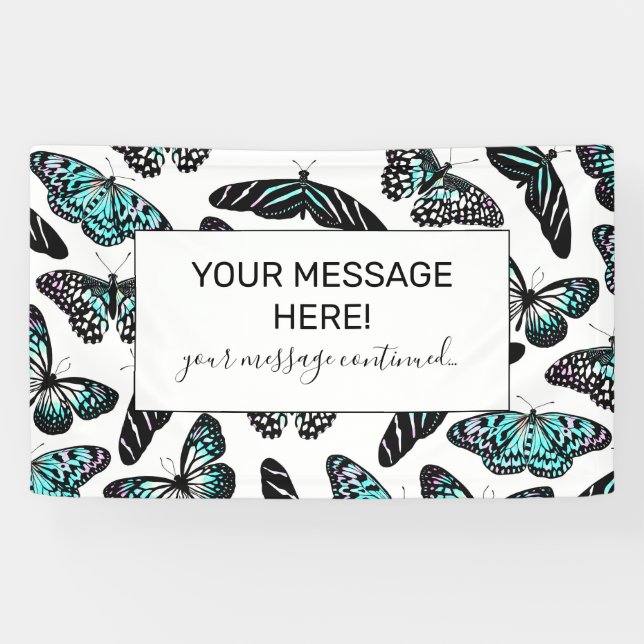 Banderoles Aqua Turquoise Papillons noirs Motif aquarelle (Horizontal)