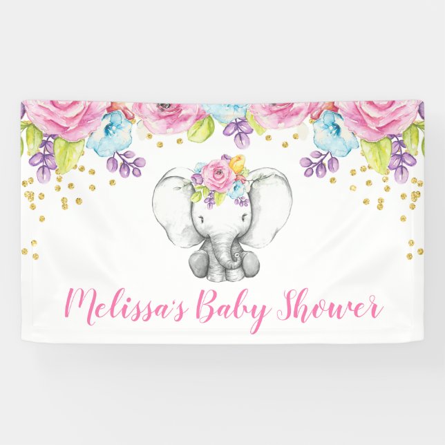 Banderoles Aquarelle Baby shower d'éléphants floraux (Horizontal)
