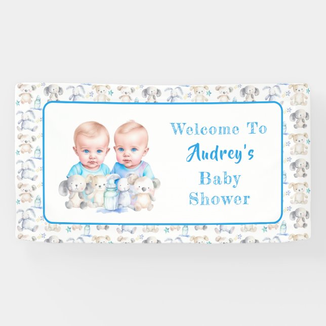 Banderoles Aquarelle Baby shower du garçon Twin Animaux (Horizontal)