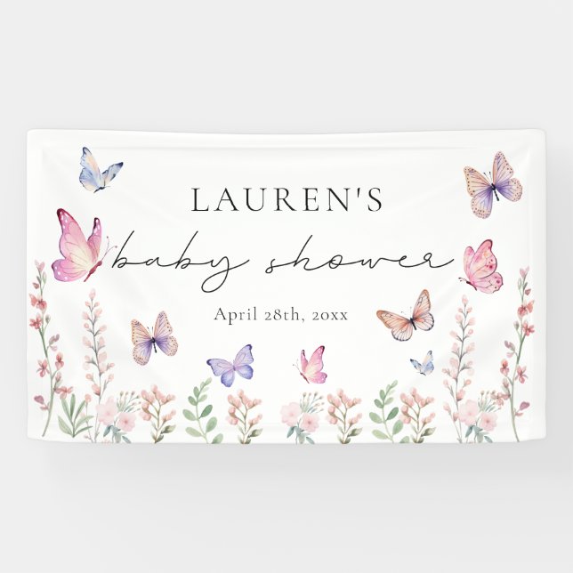 Banderoles Aquarelle Baby shower papillons rose (Horizontal)