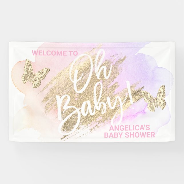 Banderoles Aquarelle baby shower violet rose or (Horizontal)