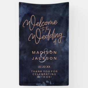 Banderoles Aquarelle bleu marine et Mariage or Rose Bienvenue