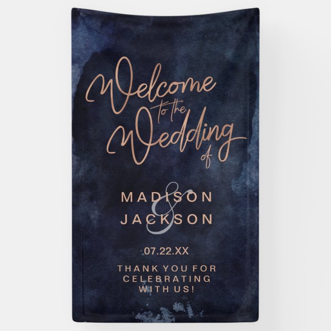 Banderoles Aquarelle bleu marine et Mariage or Rose Bienvenue (Vertical)
