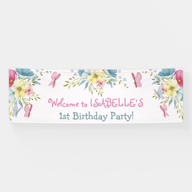 Banderoles Aquarelle bleu rose Floraux Papillons Anniversaire (Horizontal)