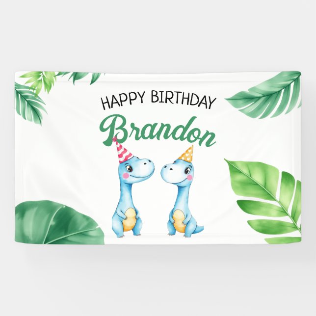 Banderoles Aquarelle Bleu Trex Vert Enfants 3e anniversaire (Horizontal)