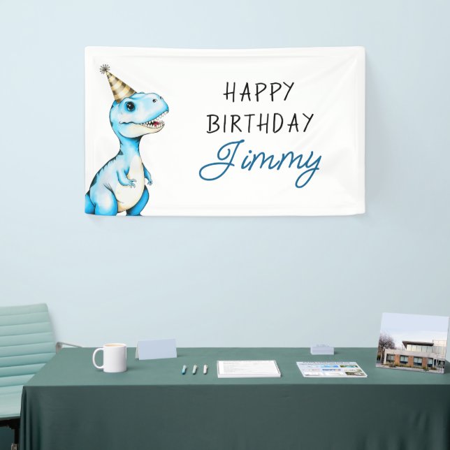 Banderoles Aquarelle Bleu Trois Rex Dinosaur Anniversaire (Salon professionnel)