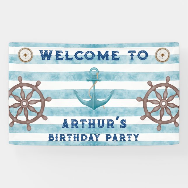 Banderoles Aquarelle Bleue Cute Bienvenue marin nautique (Horizontal)