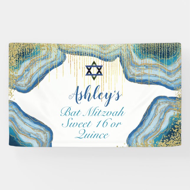 Banderoles Aquarelle bleue et Parties scintillant or Bat mitz (Horizontal)