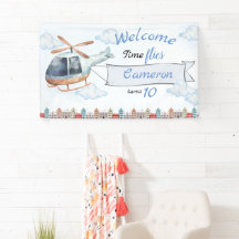 Aquarelle bleue Ville Hélicoptère Anniversaire