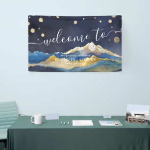 Banderoles Aquarelle Blue Gold Foil Mountain Mariage Bienvenu