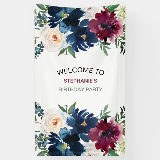 Banderoles Aquarelle Bourgogne Fleurs de marine Anniversaire (Vertical)