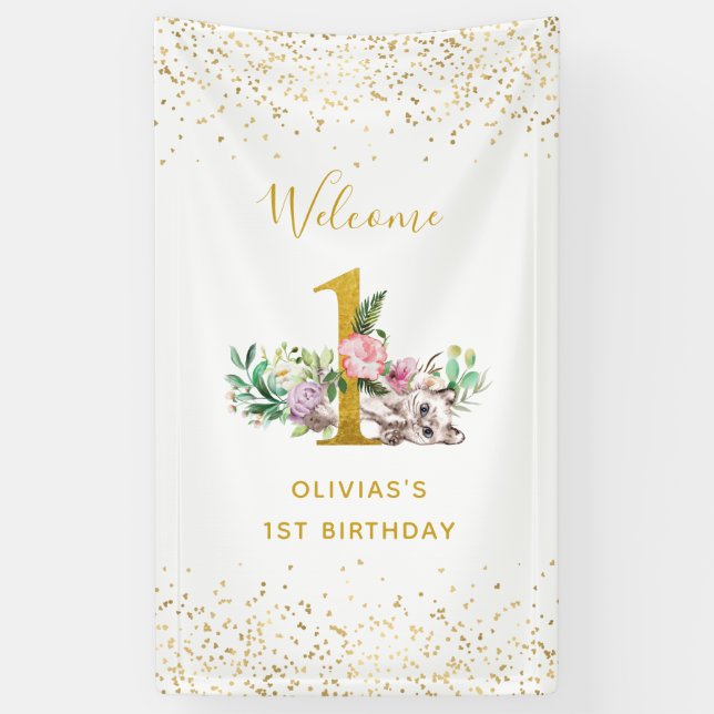 Banderoles Aquarelle Chat bébé et fleurs 1er anniversaire (Vertical)