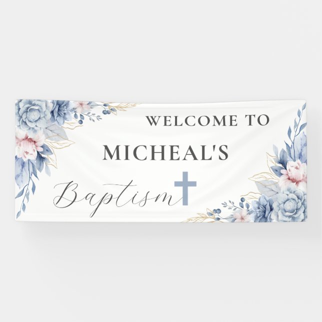 Banderoles Aquarelle Chic Dusty Bleu Floral Baby Boy Baptême (Horizontal)
