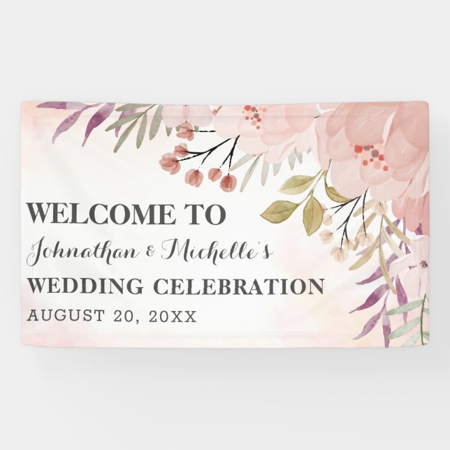 Banderoles Aquarelle Christian Blush rose Mariage Floral (Horizontal)